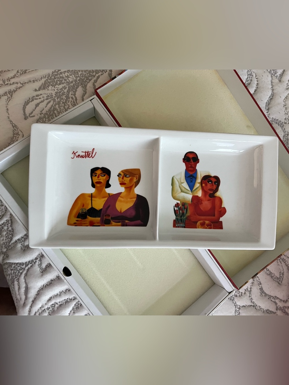 White Ceramic Divided Serving Tray with Colorful Artwork